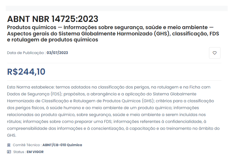 Inscrições abertas - Treinamento online ABNT NBR14725/2023 FDS/FISPQ